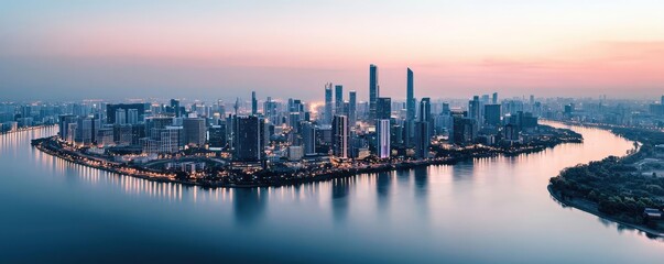 Poster - Panoramic city skyline at dusk with reflected lights on calm waters.