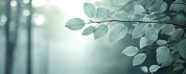 Poster - Delicate green leaves in soft focus with a serene, misty background.