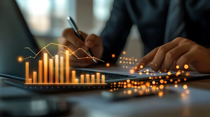 Businessman writing in a notebook with a glowing hologram icons