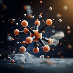 Poster - Captivating digital artwork showcasing a kaleidoscopic glowing molecular model with intricate radiant particle formations and symmetrical chemical patterns evoking a futuristic microscopic landscape