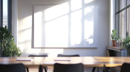 A minimalist empty whiteboard with no markings, set in a modern conference space