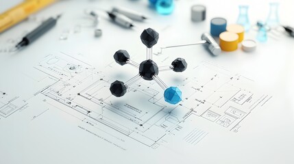 Poster - Architectural Molecular Structure Diagram   Clean Minimalist Blueprint Like Digital of a Stylized Geometric Molecular Model with Crisp Lines and Modern Conceptual Aesthetic