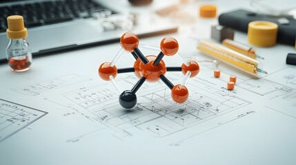 Poster - Minimalist architectural molecular structure blueprint like digital with clean lines geometric shapes and a technical scientific aesthetic
