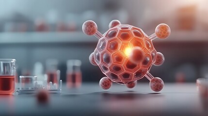 Poster - Glowing Spherical Molecular Structure with Dynamic and Luminescent Geometric Patterns   Cinematic Futuristic 3D Render Visualization of Intricate Radiant Energy and Retro Futuristic Laboratory