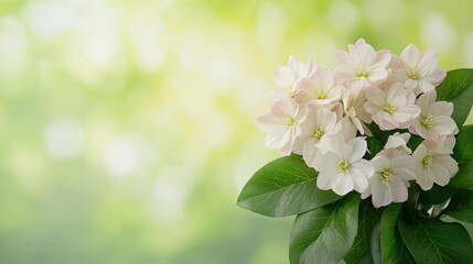 Poster - Delicate white flowers with green leaves on a soft blurred background.