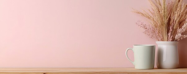 Poster - Minimalist scene with cups and dried flowers on a wooden shelf against a pink wall.