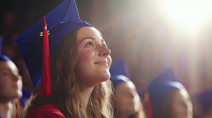 Joyful graduate celebrating achievement with cap, smiling in bright lights.