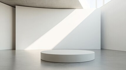 a minimalist white podium in a contemporary art museum, with a clean and neutral background
