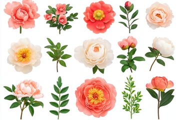 A collection of beautifully designed peony flowers on a white isolated background.