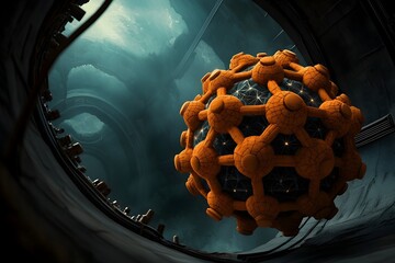 Poster - Spherical molecular structure with intricate interlocking elements surrounded by luminous energy fields set against a cinematic chiaroscuro backdrop of digital purity and solarpunk vision  A gleaming