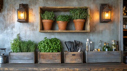 Inviting farmhouse kitchen corner with rustic sconce lighting, wooden crates used for organizing clay pots, fresh herbs, and vintage kitchen tools for a traditional, cozy look. --ar 16:9