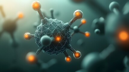 Poster - 3D rendering of a complex interconnected molecular structure featuring glowing energy pulses an intricate crystalline lattice and shimmering molecular chains