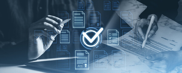 Poster - hands with stylus reviewing documents, digital checkmarks overlay. blue-toned style, business evalua