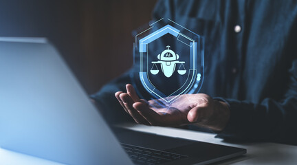 Poster - Man hand holding ai with scales hologram, artificial intelligence in law concept