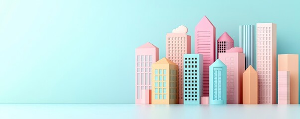 Poster - Colorful miniature city skyline on pastel backdrop, modern architectural design.