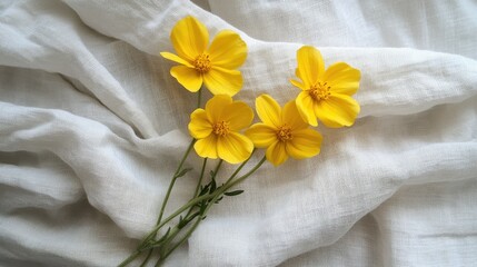 Wall Mural - Bright Yellow Flowers on Soft White Fabric