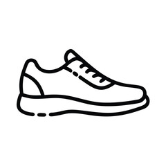 Running shoe outline icon in black and white, Simple black and white outline icon of a running shoe, representing fitness, sports, and active lifestyle, isolated on a white background.