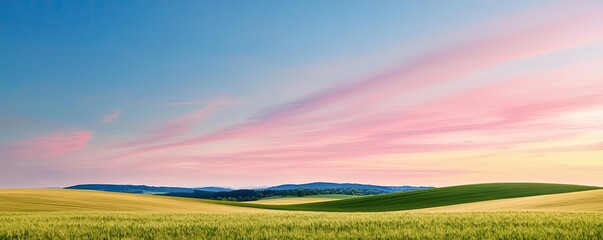 Poster - Vast green fields under a vibrant sunset sky with pastel clouds.
