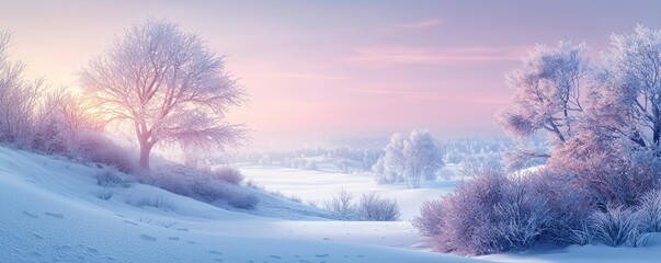 Snowy winter landscape with frosted trees and soft pastel sky at sunrise.