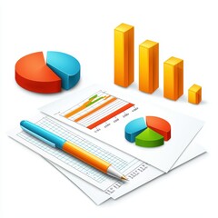 Poster - Colorful data charts and graphs, documents, and a pen, representing business analytics and strategy.