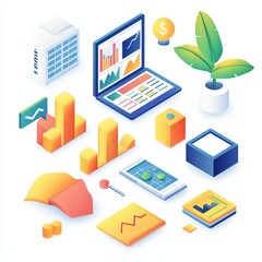 Poster - Colorful isometric business analytics graphics and elements on a white background.