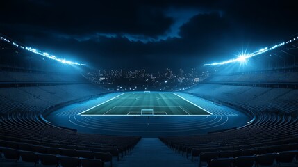Poster - A modern stadium fully lit at night, with empty seats and the field in sharp focus, surrounded by darkness and city lights in the background -