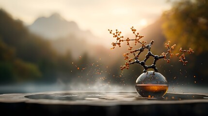 Poster - Elegant intricate molecular structure with flowing organic shapes and natural forms delicately balanced in a serene atmospheric landscape setting with soft focus and impressionist style tones