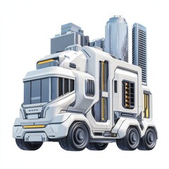 Futuristic truck with a city skyline backdrop, illustration on white isolated background.