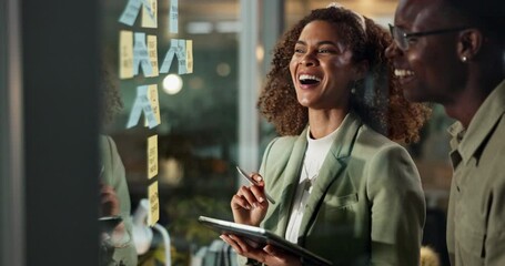 Poster - Woman, man and tablet for planning by glass wall, happy and excited with teamwork for solution in office. People, partner and digital touchscreen by board with notes, smile and app at creative agency