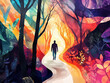 © CanvasVoyager - A person walking through a forest, where the trees and plants morph into abstract shapes and flow into another dimension.