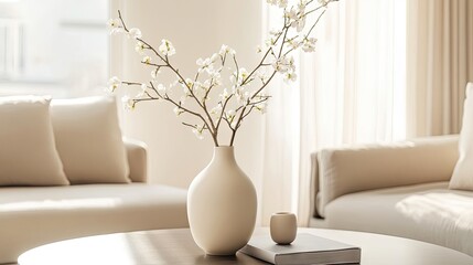 Wall Mural - Blooming ceramic vase placed on a coffee table creates an inviting atmosphere in a contemporary living room, perfect for adding elegance with a touch of nature.