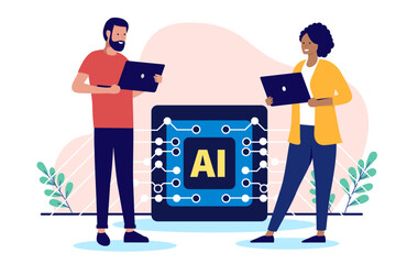 Aufkleber - Using AI at work - two people working on laptop computers using artificial intelligence tools and service for job and projects, increasing efficiency and easier work tasks. Flat design illustration