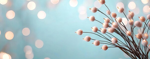 Poster - Delicate pink flowers on branches against a soft blue background with sparkling lights.