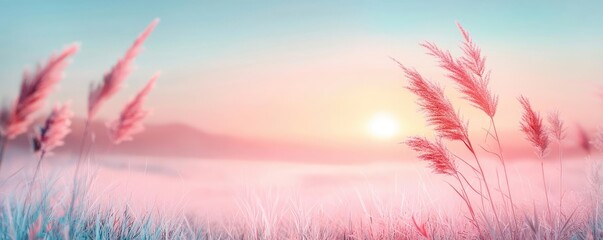 Aufkleber - Serene landscape with tall grass at sunset, showcasing soft pink and blue hues.