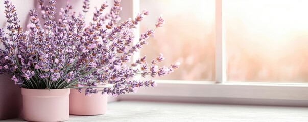 Poster - Lavender in pink pots by the window with soft natural light.