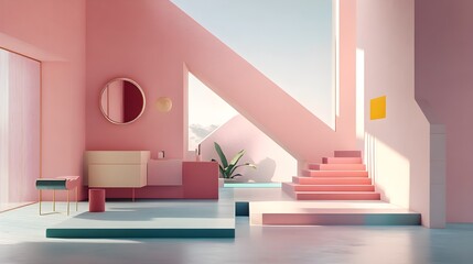 Poster - Minimalist Pink Interior Design with Geometric Shapes and Natural Light