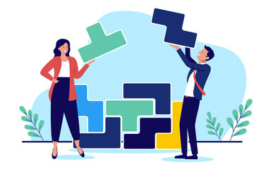 Businesspeople problem solving - Two people businessman and businesswoman working with logic puzzle building and creating solution for company. Flat design stock illustration on white background