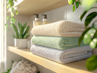 soft towels folded on wooden shelf in bathroom