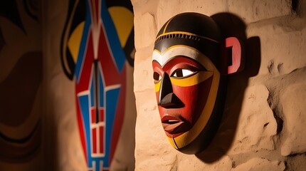 Wall Mural - A traditional African wooden mask with painted tribal designs hangs on a stone wall.