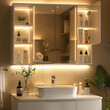 © visoot - A white bathroom cabinet with a mirror and shelf, hanging on a beige-colored wall. A white sink is located underneath, with an LED light strip above them. beauty products displayed on the shelves.