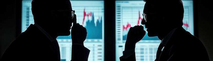 Two business professionals engaged in deep discussion, silhouetted against a backdrop of financial charts and data.