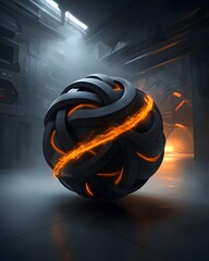 Poster - Minimalist and enigmatic 3D of a spherical molecular structure with dynamic patterns of radiant energy pulses and flowing electron movements