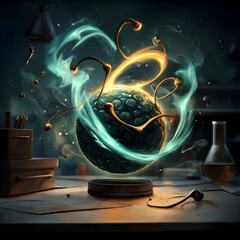 Poster - A mesmerizing and captivating digital artwork depicting a spherical molecule with intricate swirling patterns and shimmering tendrils of ethereal energy