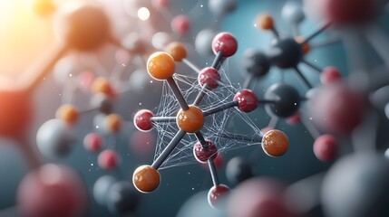 Poster - Intricate molecular structure of a complex organic compound showcasing a vibrant color palette web like patterns of intertwined atoms and a captivating sense of kinetic energy and interconnectedness