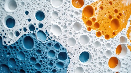 Poster - White surface with holes and droplets creates a unique visual effect. The blue and orange background enhances the white surface, adding depth to the composition. Ideal for various uses.