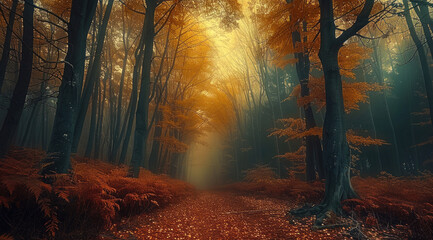 Poster - Deep within a lush forest in Autumn, dark.