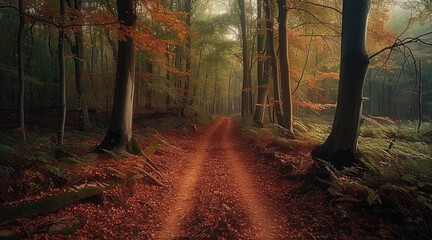 Poster - Deep within a lush forest in Autumn, dark.
