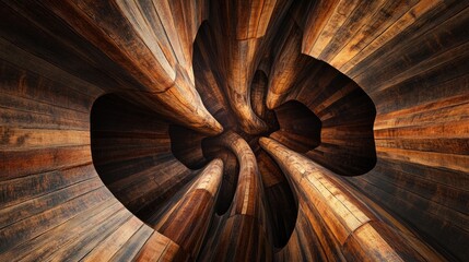 Abstract image of stacked wood logs arranged in a visually striking manner, offering a unique perspective on wood logs. The composition provides ample copy space for design purposes.