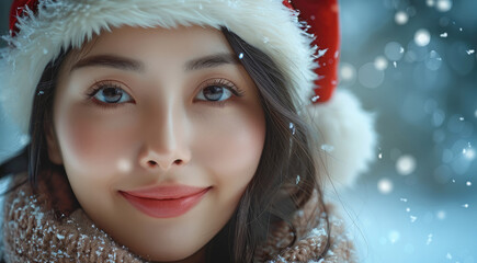 Wall Mural - Asian woman in Santa hat smiling against clean background, Christmas banner with copy space.