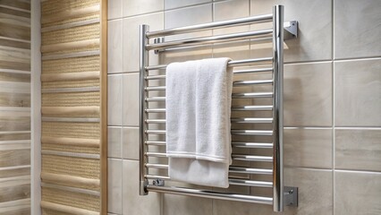 Wall Mural - Close-up of heated towel rail with towel in luxurious bathroom